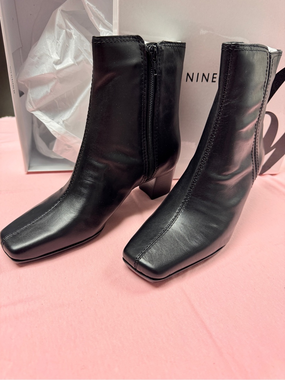 Nine West Black Leather Square-Toe Mid Heel Ankle Boots